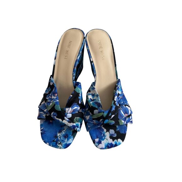 NINE WEST Blue Black Floral Wedges Sandals Size 9 NEW NWOB - Picture 4 of 9